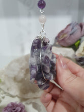 Load image into Gallery viewer, THE INTUITIVE ROSE Amethyst Carving silver Crystal Energy Enhancer© Hanger Ornament Suncatcher. Inspires Intuition, Love & Magic. Crystal Suncatchers