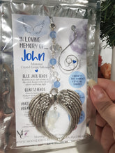 Load image into Gallery viewer, MEMORIAL KEEPSAKE Angel Wings BLUE JADE Crystal Energy Enhancer© / Ornament / Sun Catcher / Memorial Hanger 195mm