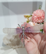Load image into Gallery viewer, Dragonfly Fluorite Crystal Carving Stone on metal legs. LIGHT IN COLOUR
Inspires CONCENTRATION AND STABILITY
Lovely Fluorite Dragonfly crystal carving with silver metal legs. Discounted as the stone is quite light in colour.