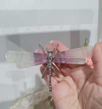 Load image into Gallery viewer, Dragonfly Fluorite Crystal Carving Stone on metal legs. LIGHT IN COLOUR
Inspires CONCENTRATION AND STABILITY
Lovely Fluorite Dragonfly crystal carving with silver metal legs. Discounted as the stone is quite light in colour.