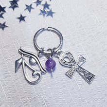 Load image into Gallery viewer, Keyring EGYPTIAN EYE OF RA & ANKH with Amethyst Crystal Bead key ring | Inspires Intuition