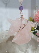 Load image into Gallery viewer, HEART OF A UNICORN" Aura Howlite Heart Stone Rose Gold Crystal Energy Enhancer© Hanger Ornament Suncatcher
Gorgeous Rose Quartz Unicorn Crystal Carving beaded with Amethyst, Rose Quartz, Rhodochrosite and Quartz. Wire wrapped in Rose Gold
