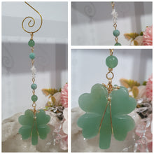 Load image into Gallery viewer, "LUCKY FOUR-LEAF CLOVER BLESSINGS" Handcrafted Aventurine Crystal Carving Gold Stone Crystal Energy Enhancer© / Hanger / Ornament / Suncatcher
Beautiful Aventurine four-leaf clover crystal carving beaded with Amazonite, Aventurine and Quartz. Wire wrapped in Gold.