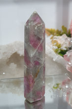 Load image into Gallery viewer, Pink Tourmaline in Quartz Crystal Point Tower Stone.
THIS POINT HAS A BROKEN TIP
STONE OF SELF LOVE & COMPASSION
Lovely Pink Tourmaline in Quartz point tower. Lovely pockets of Pink Tourmaline.