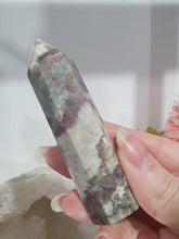 Load image into Gallery viewer, Pink Tourmaline in Quartz Crystal Point Tower Stone.
STONE OF SELF LOVE & COMPASSION
Lovely Pink Tourmaline in Quartz point tower. Lovely pockets of Pink Tourmaline.
