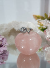 Load image into Gallery viewer, Apple Rose Quartz Crystal Carving Stone
INSPIRES UNCONDITIONAL LOVE AND HARMONY
Gorgeous cute Apple Rose Quartz Crystal Carving with silver diamente leaf and stem.