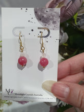 Load image into Gallery viewer, Crystal Beaded Earrings - Rhodochrosite & Quartz on gold 8mm | Compassion & Power