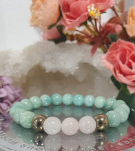 Load image into Gallery viewer, Amazonite, Rose Quartz & Pyrite Crystal Bracelet Gemstones 8mm 7inch bracelet. Hope, Love & Success