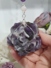 Load image into Gallery viewer, THE INTUITIVE ROSE Amethyst Carving silver Crystal Energy Enhancer© Hanger Ornament Suncatcher. Inspires Intuition, Love & Magic. Crystal Suncatchers