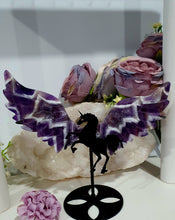 Load image into Gallery viewer, Beautiful polished Crystal Chevron Amethyst Pegasus Wings on stand. Inspiring Intuition and Spirituality