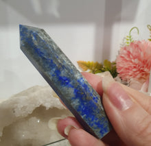 Load image into Gallery viewer, Lapis Lazuli with Pyrite Crystal Point Tower Stone.
INSPIRES HARMONY, WISDOM & PSYCHIC PROTECTION
Lovely Lapis Lazuli crystal point tower with gorgeous Pyrite inclusions.