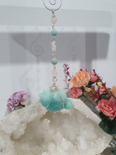 Load image into Gallery viewer, The Guardian of Good Fortune Amazonite Turtle Crystal Energy Enhancer Suncatcher Hanger Ornament. Beaded with amazonite and rose quartz and wired in gold.