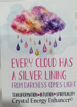 Load image into Gallery viewer, Lovely "EVERY CLOUD HAS A SILVER LINING" Fluorite Cloud gold wired Crystal Energy Enhancer© Hanger Ornament Suncatcher.
From Darkness comes Light.
TRANSFORMATION / INTUITION / SPIRITUALITY
Beautiful Fluorite Cloud Crystal Carving beaded with Fluorite & Quartz. wired in Gold