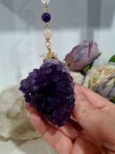 Load image into Gallery viewer, THE SEER AMULET - handcrafted Amethyst Cluster gold Crystal Energy Enhancer© Hanger Ornament Suncatcher Perfect gift for any crystal lover. Suncatchers Australia