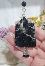 Load image into Gallery viewer, "LIGHT THROUGH DARKNESS" Black Agate Tower Crystal Carving Stone Silver Crystal Energy Enhancer© Gemstone / Hanger / Suncatcher / Ornament 200mm | Inspires Strength, Courage & Clarity