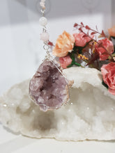 Load image into Gallery viewer, GRACE & CONNECTION - DIVINE | LOVE | SPIRITUALITY - Pink Amethyst Geode Silver Wired Crystal Energy Enhancer© / Hanger / Ornament / Sun Catcher 200mm