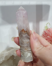 Load image into Gallery viewer, SECONDS STOCK - Amethyst Agate Crystal Point Tower Stone
THIS POINT IS A TAD WOBBLY
INSPIRES INTUITION AND WELLBEING
Amethyst Agate Tower Crystal Stone. is a little wobbly.