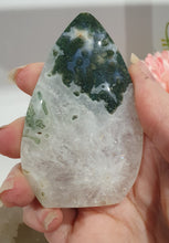 Load image into Gallery viewer, Moss Agate Flame Tower Crystal Carving Stone. Discounted because she is a tad wobbly BUT she has the most glorious Stalactite!
INSPIRES GROUNDING AND CONNECTION TO EARTH
Lovely Moss Agate Flame Crystal Carving Stone. Wobby with a gorgeous stata