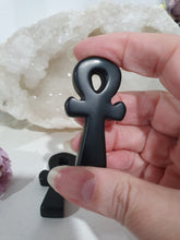 Load image into Gallery viewer, Beautiful polished Black Obsidian Ankh Crystal Carving Stone. known as the Key of life. Inspires Protection and Balance. 50mm