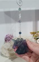 Load image into Gallery viewer, "THE MYSTICAL UNICORN" Fluorite Unicorn Crystal Carving Silver Crystal Energy Enhancer© Gemstone / Hanger / Suncatcher / Ornament 220mm | Inspires Purity, Strength and Magic