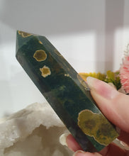 Load image into Gallery viewer, Ocean Jasper Crystal Point Tower Stone.
INSPIRES ADAPTION, OVERCOMES CHALLENGES AND BRINGS JOY
Lovely Ocean jasper crystal point tower.