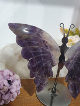 Load image into Gallery viewer, Amethyst Butterfly Wings Crystal Carving Stone on Stand.
Inspires Intuition and Spirituality
Beautiful Amethyst Stone Butterfly Wings Crystal Carving on stand. These have amazing inclusions in them.