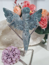 Load image into Gallery viewer, Stunning Moss Agate Dagger with Angel Wings Crystal Carving Stone on Silver Stand. Tranquility and Grounding Energy