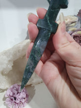 Load image into Gallery viewer, Beautiful Polished Moss Agate Athame (Dagger) Crystal Carving. Inspires Grounding and connection