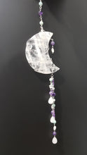 Load image into Gallery viewer, MANIFESTATION / INTUITION / SPIRITUALITY - Moon Crescent Quartz Crystal Carving Stone silver wired Crystal Energy Enhancer© / Wall Hanger / Sun Catcher / Ornament 1 360mm