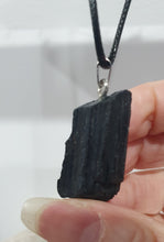 Load image into Gallery viewer, Black Tourmaline Raw Crystal Pendant Stone silver with black cord chain | Protective Energy
Beautiful Raw Black Tourmaline pendant on black cord necklace