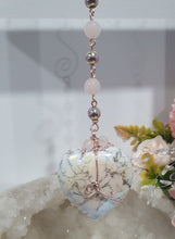 Load image into Gallery viewer, HEART OF A UNICORN" Aura Howlite Heart Stone Rose Gold Crystal Energy Enhancer© Hanger Ornament Suncatcher
INSPIRES MAGICK AND LOVE
Gorgeous Aura Howlite Heart beaded with Rose Quartz, Rainbow Hematite and Quartz. Wired in Rose Gold