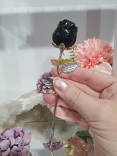 Load image into Gallery viewer, Lovely Rose Flower Black Obsidian Crystal Carving with silver stem.
Promotes Protection and Balance