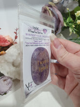 Load image into Gallery viewer, Amethyst Crystal Stone Affirmation Button. I want it. I got it. Manifest your wants and dreams as you hold the crystal. Promotes inner strength, intuition and spirituality. Great gift idea