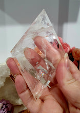 Load image into Gallery viewer, Lovely polished Quartz Diamond Crystal Carving on Rose Gold stand. Quartz Stone. This has been discounted due to a crack in diamond.