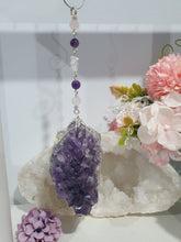 Load image into Gallery viewer, THE SEER AMULET - handcrafted Amethyst Cluster silver Crystal Energy Enhancer© Hanger Ornament Suncatcher
INTUITION / SPIRITUALITY / TRUST
Gorgeous Large Amethyst Cluster beaded with Amethyst, quartz and rose quartz. Wired in Silver