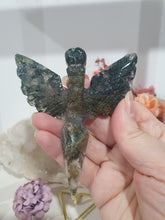 Load image into Gallery viewer, Stunning Moss Agate Dagger with Angel Wings Crystal Carving Stone on Gold Stand. Tranquility and Grounding Energy