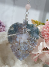Load image into Gallery viewer, "LEAF OF RENEWAL" Moss Agate Leaf silver Crystal Energy Enhancer© Hanger Ornament Suncatcher 200mm | Inspires Spiritual Growth, Love & Balance