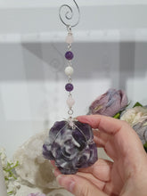 Load image into Gallery viewer, THE INTUITIVE ROSE Amethyst Carving silver Crystal Energy Enhancer© Hanger Ornament Suncatcher. Inspires Intuition, Love & Magic. Crystal Suncatchers