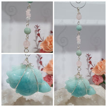 Load image into Gallery viewer, The Guardian of Good Fortune Amazonite Turtle Crystal Energy Enhancer Suncatcher Hanger Ornament. Beaded with amazonite and rose quartz and wired in gold.