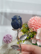 Load image into Gallery viewer, Rose Flower Sodalite Crystal Carving with silver stem.
Promotes Emotional Balance
Sodalite Flower / Rose Crystal Carving with silver stem and leaves.