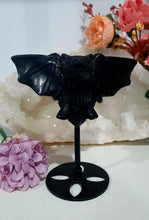 Load image into Gallery viewer, Beautiful polished Black Obsidian BAT Crystal Carving Stone on stand. Promotes protection and balance