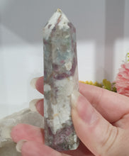 Load image into Gallery viewer, Pink Tourmaline in Quartz Crystal Point Tower Stone.
STONE OF SELF LOVE & COMPASSION
Lovely Pink Tourmaline in Quartz point tower. Lovely pockets of Pink Tourmaline.