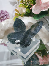 Load image into Gallery viewer, Butterfly Moss Agate Crystal Carving Stone on Stand. Inspires tranquility and grounding.
Beautiful polished Moss Agate Butterfly Crystal Carving on plastic stand