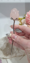 Load image into Gallery viewer, Rose Flower Rose Quartz Crystal Carving with silver stem.
Promotes Unconditional Love and Harmony
Beautiful Rose Quartz Flower / Rose Crystal Carving stone with silver stem and leaves.