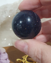 Load image into Gallery viewer, Blue Sandstone Sphere Crystal Carving on Gold Turtle Stand 30mm | Inspires Concentration and Courage