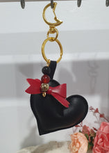 Load image into Gallery viewer, Love & Seductions Crystal Keyring on gold. Vinyl Heart with bow. Beaded with Obsidian, Carnelian and pyrite. Protection, Love and Seduction.