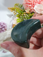 Load image into Gallery viewer, Moon Bowl Moss Agate Crystal Carving Stone. Inspires tranquility and grounding.
Beautiful polished Moss Agate Moon Bowl Crystal Carving