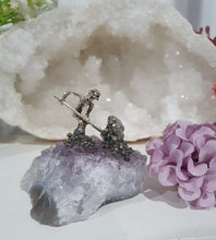 Load image into Gallery viewer, Gorgeous Miner on Amethyst Crystal Cluster Stone with pyrite. Inspires Intuition and spirituality