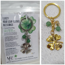 Load image into Gallery viewer, LUCKY FOUR LEAF CLOVER BLESSINGS" Metal Clover with Aventurine Beads Crystal Keyring
Choose from Gold of Silver medal colour.
INSPIRES ABUNDANCE AND GOOD FORTUNE