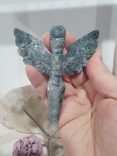 Load image into Gallery viewer, Stunning Moss Agate Dagger with Angel Wings Crystal Carving Stone on Silver Stand. Tranquility and Grounding Energy